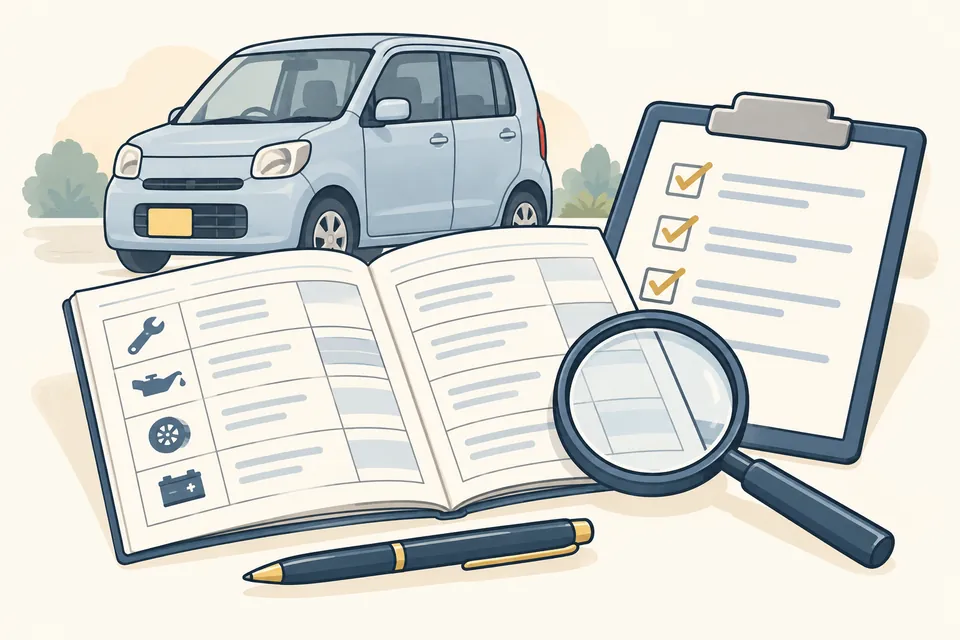 軽自動車、整備記録のノート、チェックリストと虫眼鏡を描いたイラスト。