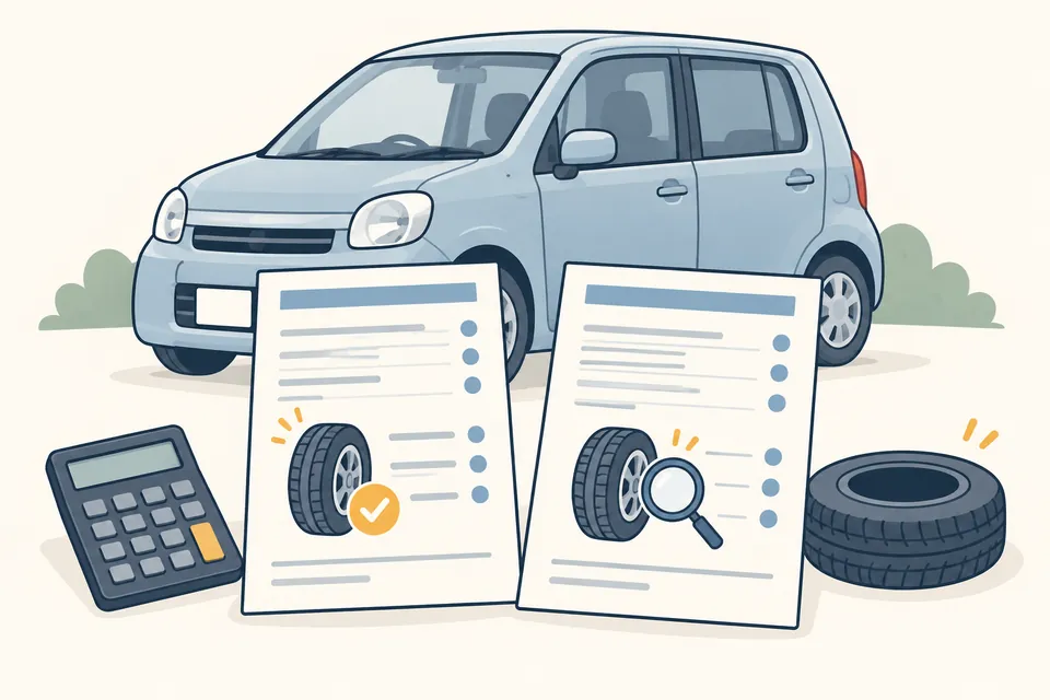 軽自動車と2枚の見積書、タイヤ、電卓を描いた、購入条件を比べるイラスト。