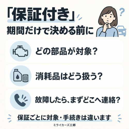 保証の期間だけでなく、対象部品と故障時の連絡先を確認する図解